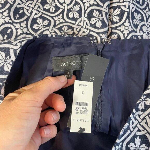 Talbots Straight Pencil Skirts Womens Navy White 2 Geometric Lined Zip Pleat NEW - Picture 6 of 9